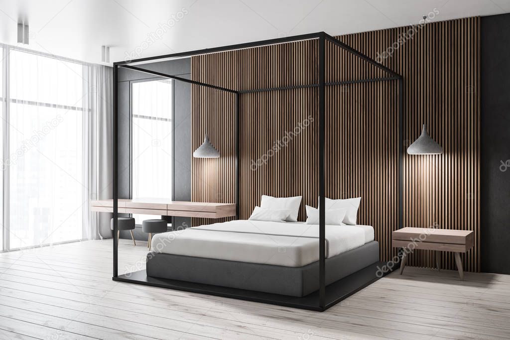 Corner of modern bedroom with dark wooden walls, wooden floor, white master bed and make up table with mirror. 3d rendering