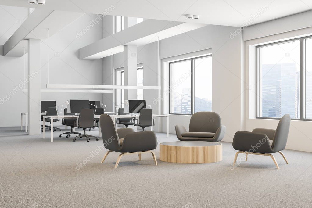 Side view of office waiting area with white walls, carpet on the floor, round coffee table with gray armchairs near it and open space office in the background. 3d rendering