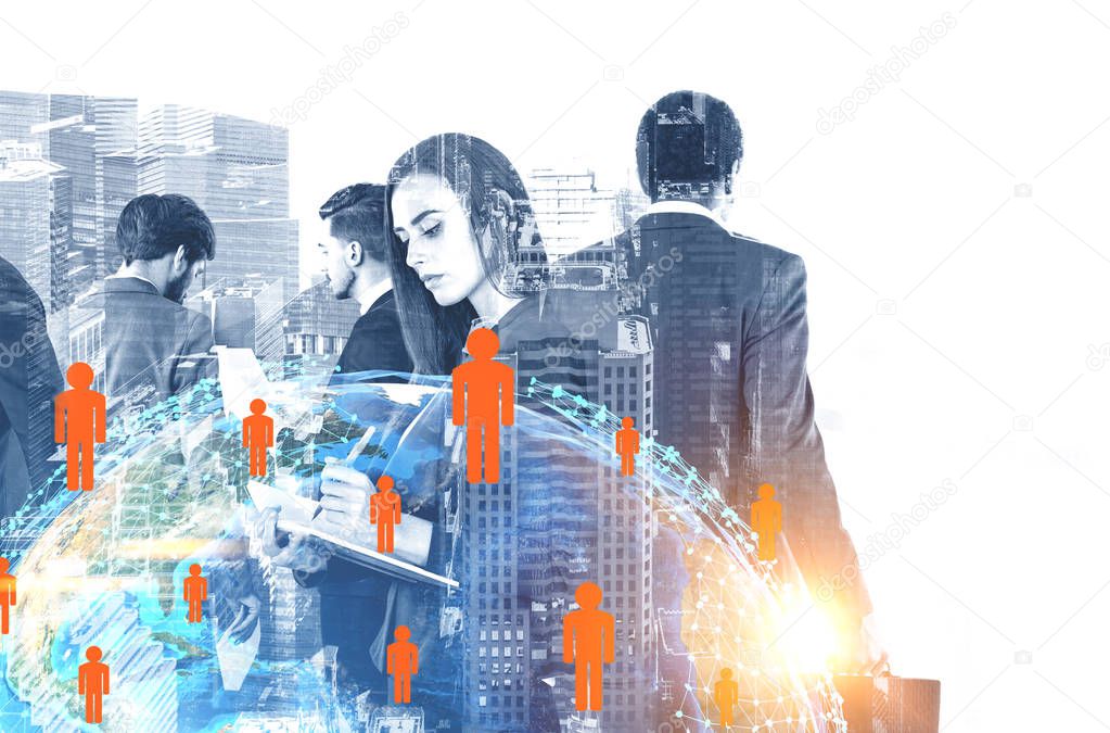 Business team members over cityscape background with global city network hologram. International business concept. Toned image double exposure Elements of this image furnished by NASA