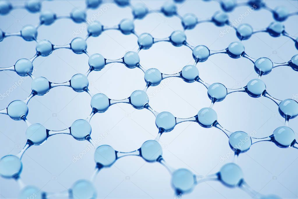 Blue molecules forming hexagonal structure over blue background. Concept of medicine and science development. 3d rendering