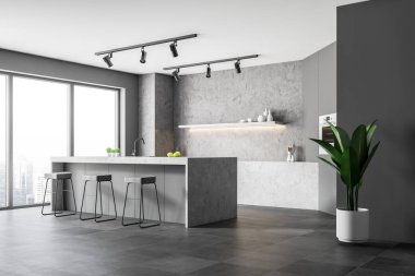 Beton duvarlar, kiremitli kat, gri ve beton sayaçları ve dışkı ile gri çubuğu ile panoramik mutfak köşesinde. 3D render