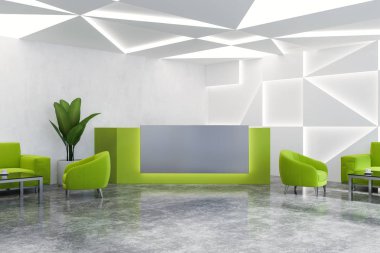 Modern ofis resepsiyon alanı beyaz geometrik desen duvarlar, beton zemin, beyaz ve yeşil resepsiyon ve yeşil koltuklar ve sehpa yakınındaki kanepeler ile birlikte. 3D render