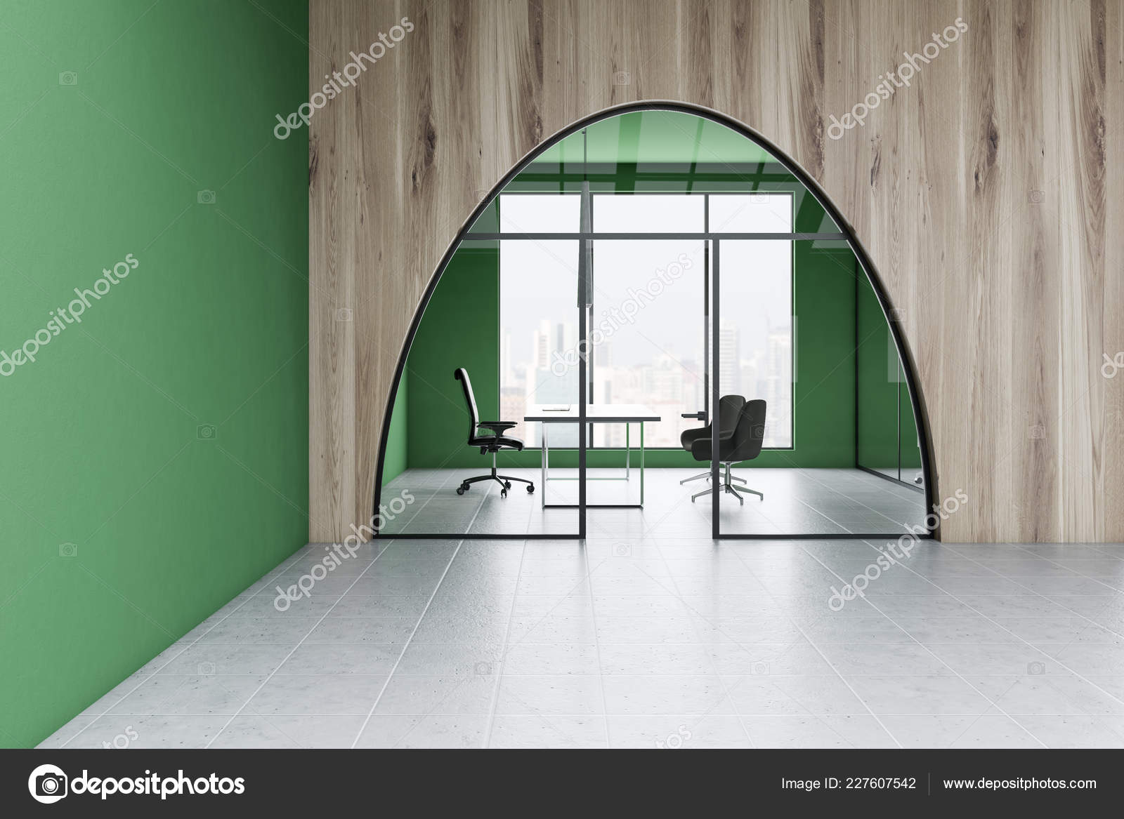 Manager Office Green Wooden Walls Tiled Floor Large Window