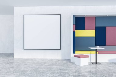 Beyaz duvarlar, beton zemin, sarı ve kırmızı kanepe ve kırmızı sandalye ile modern café tablosunda. Duvardaki büyük kare posteri. 3D render alay