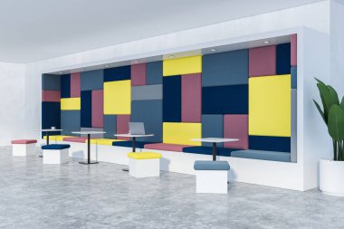 Beyaz duvarlar, beton zemin, sarı ve kırmızı kanepe ve kırmızı, mavi ve sarı sandalye ile beyaz kare tablo satır ile modern café iç yan görünüm. 3D render