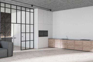 Tencere ve lavabo ve fırınlar içinde inşa iki beyaz duvarlar, ahşap zemin, gri ve ahşap tezgah ile modern mutfak köşesinde inşa. 3D render