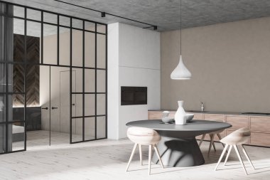 Modern yemek odası ile bej duvarlar, ahşap zemin, ahşap sandalye ve inşa ocaklar ile gri yuvarlak masa köşesinde. 3D render