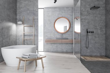 Beton duvarlar, ahşap zemin, cam duvar, beyaz küvet ve ahşap raf siyah lavabo duş banyo iç. 3D render