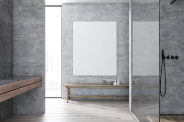 Modern banyo duş kabini cam duvar, lavabo ve havlu ile tezgah ile beton duvarlar, ahşap zemin ile iç. Dikey poster. 3D render alay