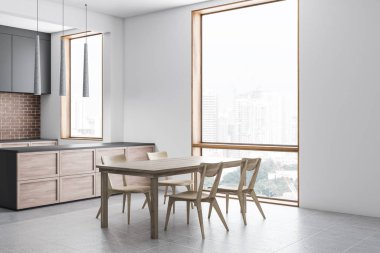 Beyaz ve tuğla duvarlar, kiremitli kat, gri ve ahşap mutfak tezgahı ve gri ile modern mutfak köşe ve ahşap bar tabureleri ile. Ahşap masa sandalye ile. 3D render