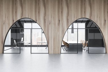 Müdür ofis ve toplantı salonu ile gri ve ahşap duvarlar, zemin döşeli ve kapılar kemerli. İki bilgisayar masaları ve uzun toplantı masası kahverengi sandalye ile. 3D render