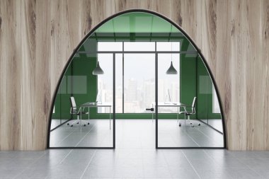 Müdür ofis iç yeşil ve ahşap duvarları, kiremitli kat, iki bilgisayar masaları atlattık siyah sandalye ile cam kapı lobiden kemerli. 3D render