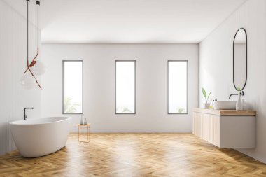 Modern banyo beyaz duvarlar, ahşap zemin, çatı windows, beyaz küvet ve ahşap tezgah üzerinde duran beyaz lavabo ile iç. 3D render
