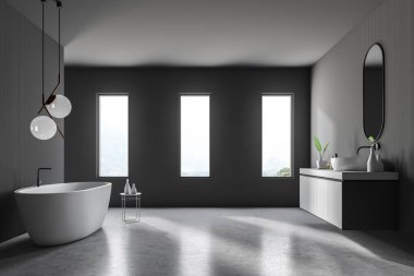 Gri duvarlar, taş zemin, çatı windows, beyaz küvet ve gri tezgah üzerinde duran beyaz lavabo banyo iç. 3D render