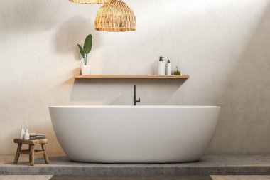 Minimalist banyo iç beyaz duvarlar, beton zemin, beyaz küvet şampuan ve krem üstündeki rafta. 3D render