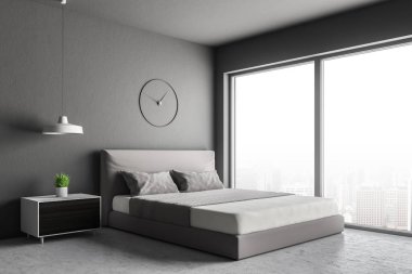 Yatak odası köşe Gri duvarlar, beton zemin, çatı penceresi, bu ve ahşap masanın asılı saati ile çift kişilik yatak ile. 3D render
