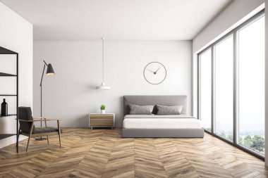 Yatak odası iç beyaz duvarlar, ahşap zemin ile gri yatak kapakları, saati, ahşap başucu masa ve gri tekli asılı. 3D render