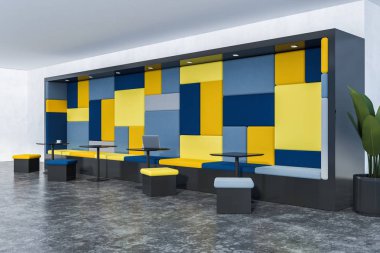 Beyaz duvarlar, beton zemin, sarı ve mavi kanepe ve mavi ve sarı sandalye ile siyah kare tablo satır ile modern café iç yan görünüm. 3D render