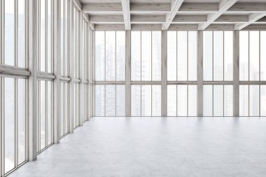 Beton zemin, ahşap tavan ve bulanık cityscape ile uzun boylu windows boş oda iç. 3D render
