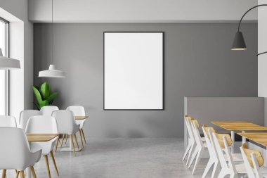 Modern café iç gri ve beyaz duvarlar, beton zemin, kare tablolar yakınındaki gri kanepeler ve ahşap masa yakınındaki beyaz sandalye ile kapatın. Dikey poster. 3D render alay