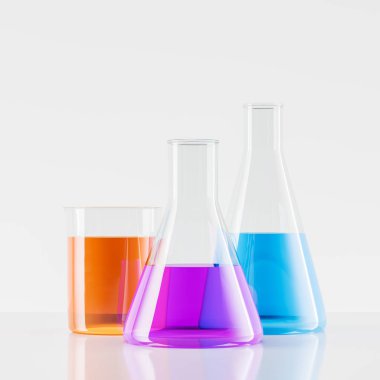 Test tüpleri turuncu, mor ve mavi sıvı beyaz arka plan üzerinde beyaz masanın üzerinde duran ile kapatın. 3D render