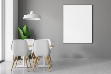 Çatı kafe iç Gri duvarlar, beton zemin, beyaz sandalyeleri ahşap masa ayakta. Dikey poster duvara. 3D render alay