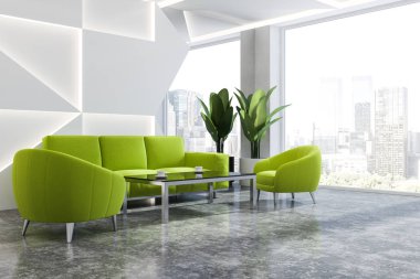 Modern ofis bekleme odası beyaz duvarlar, beton zemin, cityscape ve yeşil kanepe ve koltuk sehpa duran ile panoramik pencere ile iç. 3D render