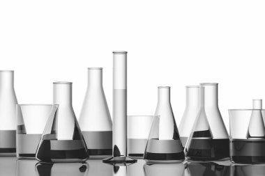 Şeffaf test tüpleri gri yüzeyi gri sıvı ayakta beyaz arka plan üzerinde dolu. Kimya kavramı. 3D render