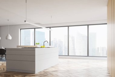 Beyaz duvarları, ahşap zemin, panoramik pencere ve beyaz ada ile modern mutfak iç inşa tencere ve lavabo. 3D render