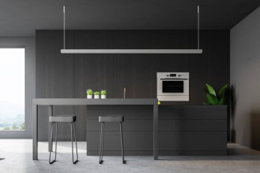 Gri ve ahşap duvarlar, beton zemin, modern mutfak iç ada ve bar tabureleri ile gri ve fırında inşa. 3D render