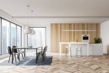 Beyaz ve ahşap duvarlar, ahşap zemin, beyaz ada ve dışkı ile ve sandalye ile gri barıyla modern mutfak iç. 3D render