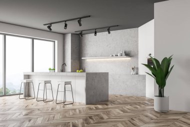 Beton duvarlar, ahşap zemin, beyaz ve beton sayaçları ve dışkı ile beyaz çubuğu ile panoramik mutfak köşesinde. 3D render