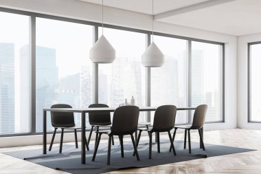 Modern yemek odası köşe beyaz duvarlar, ahşap zemin, panoramik penceresi ve sandalye ile gri tablosudur. 3D render