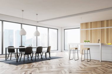 Beyaz ve ahşap duvarlar, ahşap zemin, beyaz ada ve dışkı ile ve sandalye ile gri barıyla modern mutfak köşesinde. 3D render