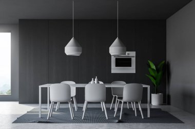 İç modern yemek odası ile gri duvarlar, beton zemin, fırında whie masa sandalye ve koyu ahşap dolap ile inşa. 3D render