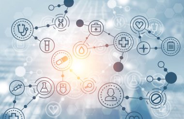 Koyu mavi tıbbi simgeler sürükleyici arabirim üzerinden açık mavi renkli beyaz tıbbi simgeler ve şehir. Merhaba tıp kavramı in teknoloji. 3D render resim çift pozlama tonda