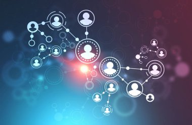 İnsanlar sürükleyici arabirimi mavi kırmızı arka plan üzerinde insanlar ağ ile ağ. Sosyal medya ve işe alım kavramı. 3D render resim çift pozlama tonda