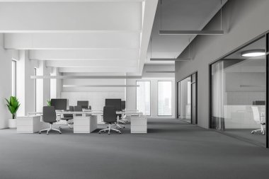 İç modern açık alan Office gri halı zemin ve gri sandalye ile beyaz bilgisayar tabloları satırları üzerinde beyaz ve gri duvarlar, çatı pencereleri, ile. Dolap duvarın yanında satır. 3D render