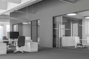 Açık alan ofis gri ve beyaz duvarlar, beyaz bilgisayar masaları ve iki toplantı odası sağ cam duvarlı köşesinde. 3D render