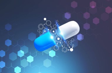 Mavi ve beyaz hap mavi kırmızı arka plan ile atomik kılavuz üzerinde sürükleyici arabirim içinde. Kavramı Merhaba tıpta teknoloji. 3D render tonlu görüntü