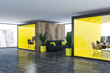 İki açık alan ofis sarı ve ahşap duvarlar, beton zemin, panoramik pencerelere, uzun ahşap mobilyalı kasalar ve aralarında lobide duran kanepeler ile yan görünüm. 3D render