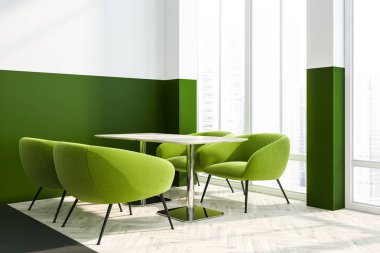 Yeşil ve beyaz duvarlar ve ahşap zemin ile modern kafe köşesinde ayakta ahşap Cafe tablo ve yeşil koltuklar. 3D render