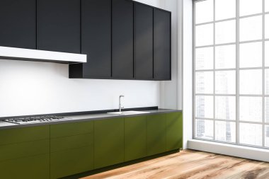 Beyaz duvarları, ahşap zemin, gri dolapları ve lavabo ve fırın ile yeşil mutfak tezgahı ile modern mutfak köşesinde. 3D render