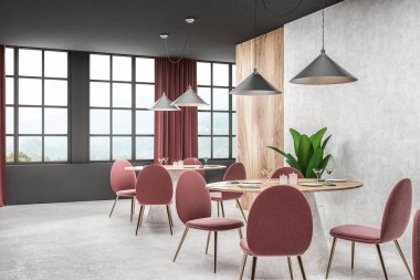 Gri, beton ve ahşap duvarlar, beton zemin ve kırmızı sandalye ile yuvarlak ahşap masa ile modern café köşesi. Kırmızı perdeler pencereler. 3D render
