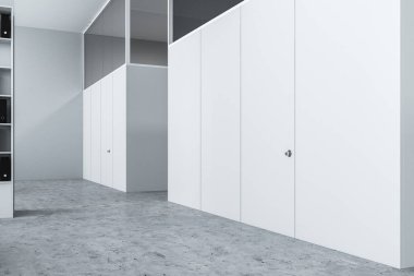 Beyaz duvarlar, beton zemin, klasörleri ve daha küçük odalar için lider beyaz kapılar beyaz kitaplık modern ofis iç. 3D render