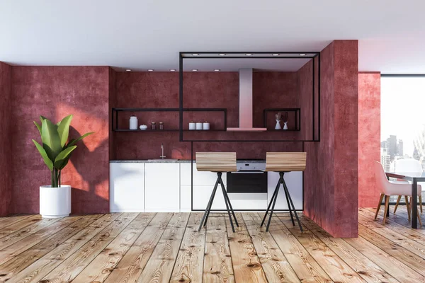 Interior Modern Kitchen Red Walls Wooden Floor White Gray Countertops — Stock Photo, Image