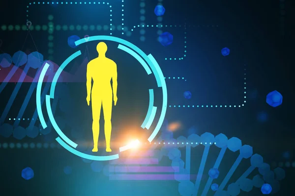 黄色の男性図 Hud Dna の螺旋形と暗い青色の背景 こんにちは医学概念の技術 レンダリング トーン画像二重露光 — ストック写真