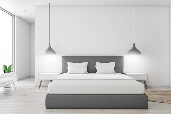 Slaapkamer Interieur Met Witte Muren Houten Vloer Grijze Master Bed — Stockfoto