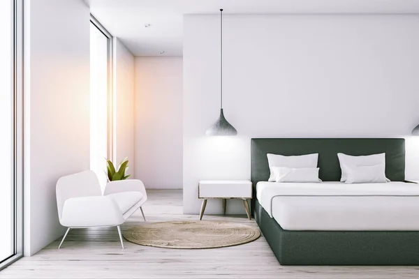 Dormitorio Principal Interior Con Paredes Blancas Suelo Madera Cama Principal — Foto de Stock