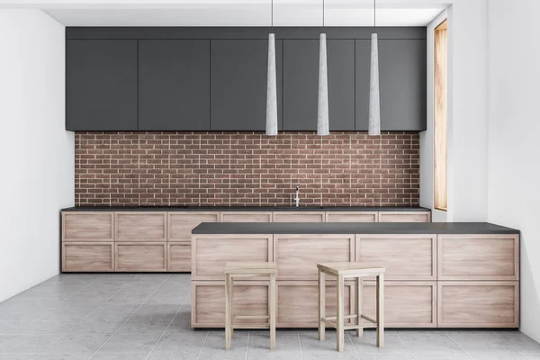 Interior Modern Kitchen White Brick Walls Tiled Floor Gray Wooden — Stock Photo, Image